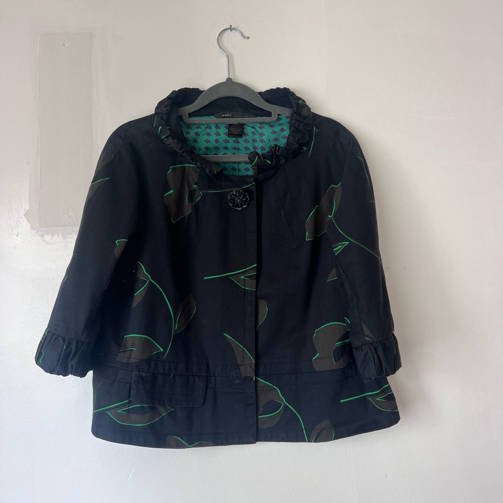 Marc Jacobs Cotton Navy Cropped statement Jacket Ruffle Collar Green floral Sml